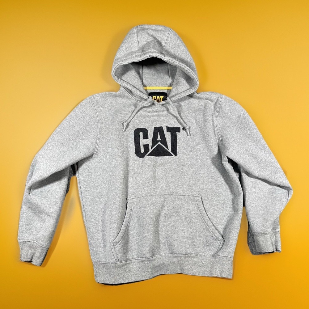 CAT Caterpillar Hoodie Sweatshirt Mens L Gray Hooded Embroidered Pullover Y2K